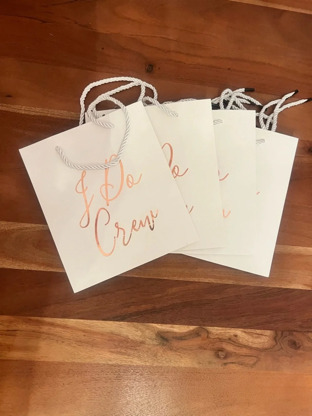 “I Do Crew” White Bachelorette Gift Bags with Rose Gold Script (Set of 5)